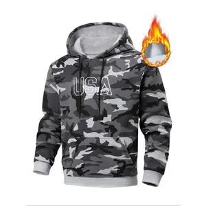 Men's Camo Hoodie Sweatshirt, Embroidered Chest Patch Design, Casual Outdoor Wear Essential, Fall Winter Fashion for Men