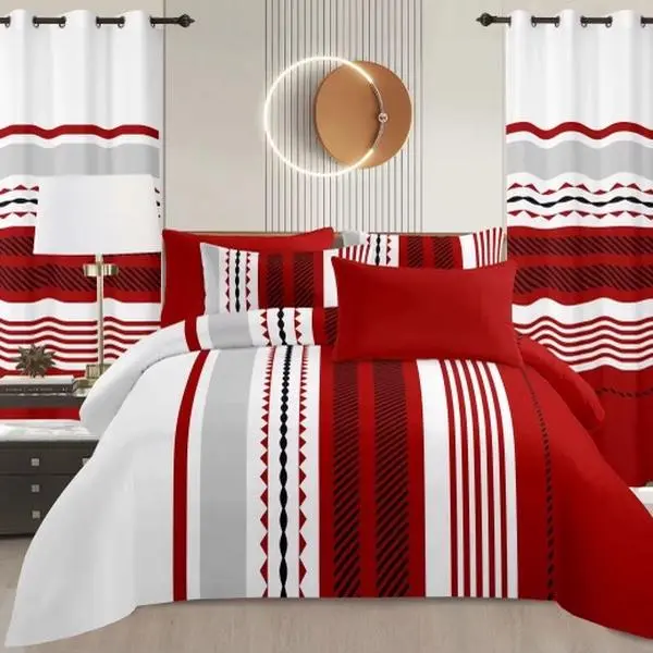 King Size 8-Piece Cotton Bedding Set with Sheets Pillowcases, Curtains, and Wall Art – Modern Coordinated Bedroom Décor Set make description