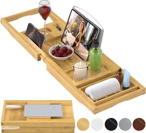 Foldable Bathtub Caddy Tray for Tub,Bamboo Expandable Bath Table Trays,Premium Bathroom Accessories for New Home & Mothers Day & Birthday Gifts for Couples,Natural