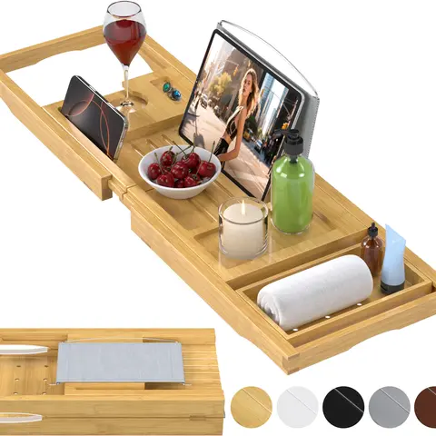Collapsible Eco-Friendly Bamboo Bathtub Caddy Tray - Expandable Modern Wooden Bath Table with Silicone Pad, 28.5"-39.8" Adjustable Span, Waterproof Bathroom Accessories Set with Soap/Wash Slots, Foldable Storage, Mom Gift for Anniversaries, Christmas Day