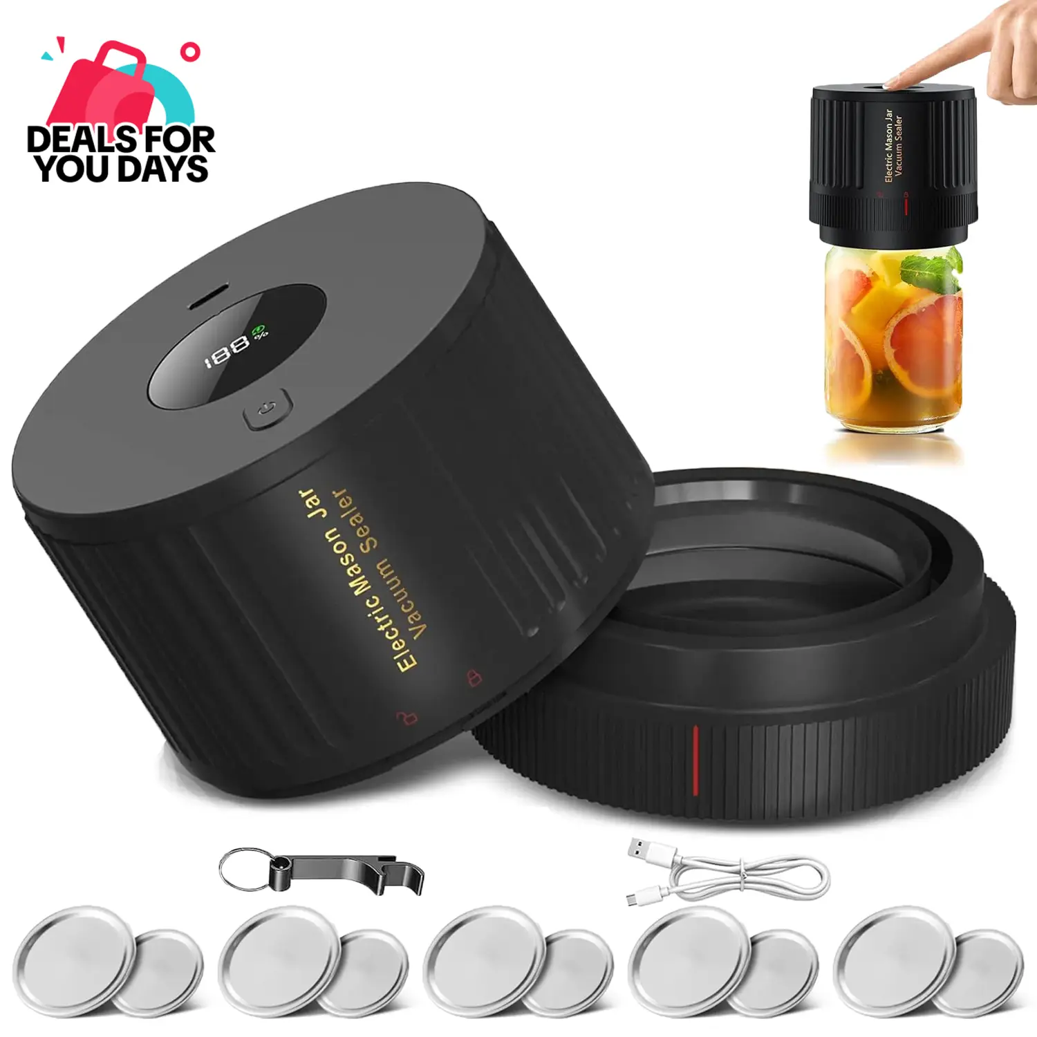 homeessentia 2026 Cordless USB Charging Electric Mason Jar Portable Vacuum Sealer Set, ABS Kitchen Food Storage Tool with Airtight Seal, Non-Slip Seal, 1-Touch Automatic Sealing, Wide-Mouth Compatibility, 5 Regular-Mouth Lids & Charging Cable, Vacuum Seal