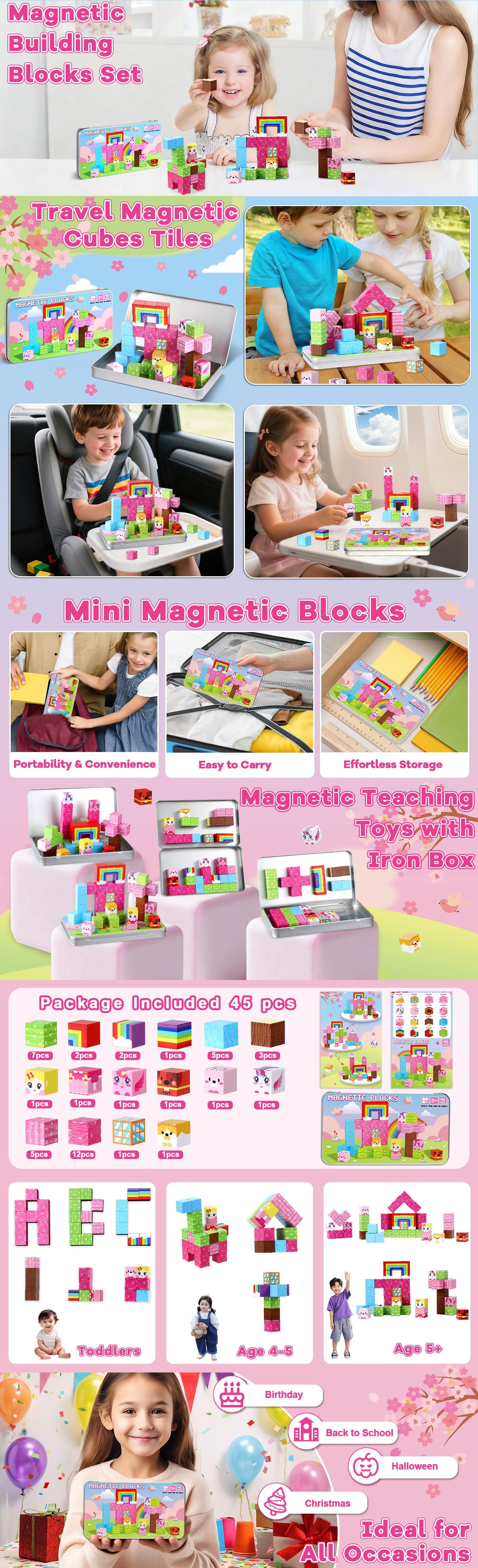 GISGFIM 45PCS Mini Magnetic Building Blocks Travel Gifts, Magnet Cubes Tiles Set with Case, Birthday Classroom Learning Gifts for Kids Toddlers, Boys & Girls Ages 3-8