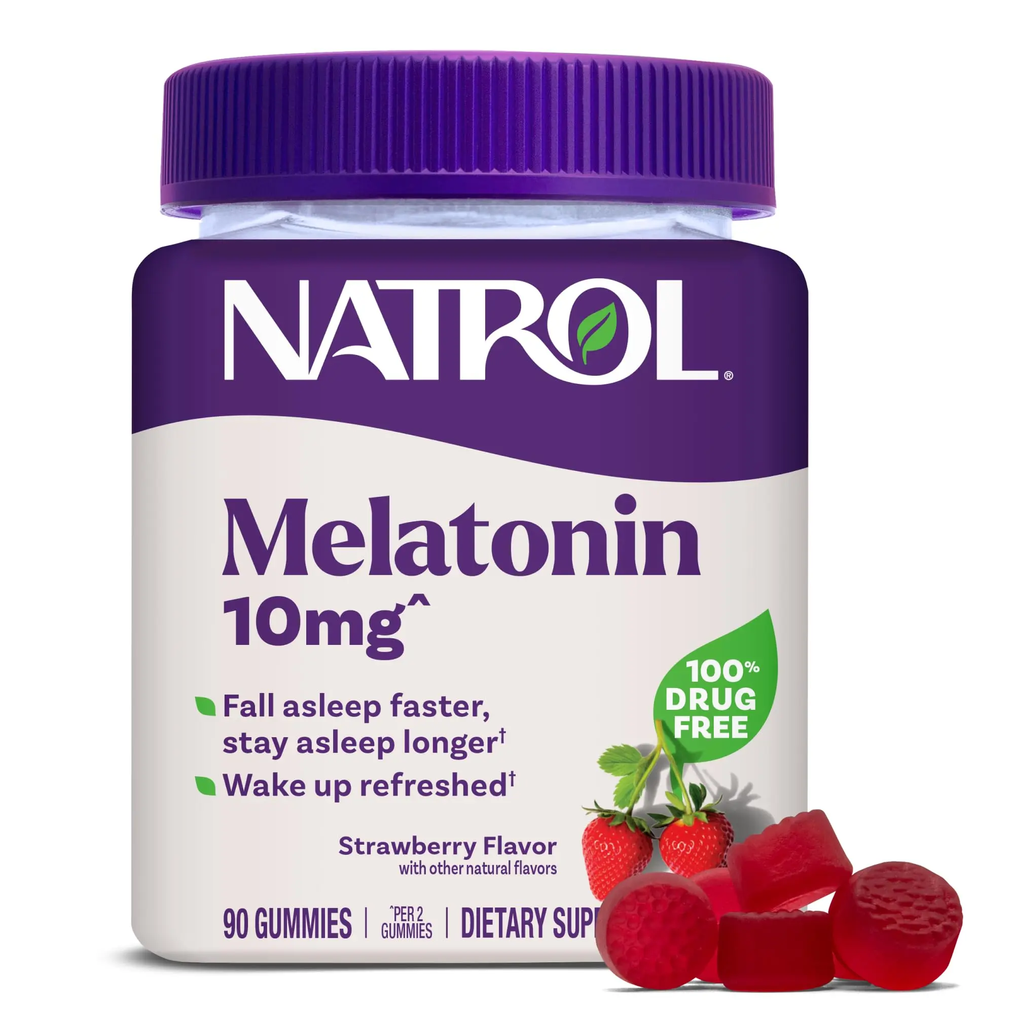 Natrol Melatonin Dietary Supplements - 10 mg Strawberry-Flavored, Dye-Free Gummies with Natural Ingredients, Adult Sleep Aid for Faster Fall Asleep, Sleeplessness Relief, Stay Asleep Longer, No Artificial Flavor, 90 Count, 45-Day Supply