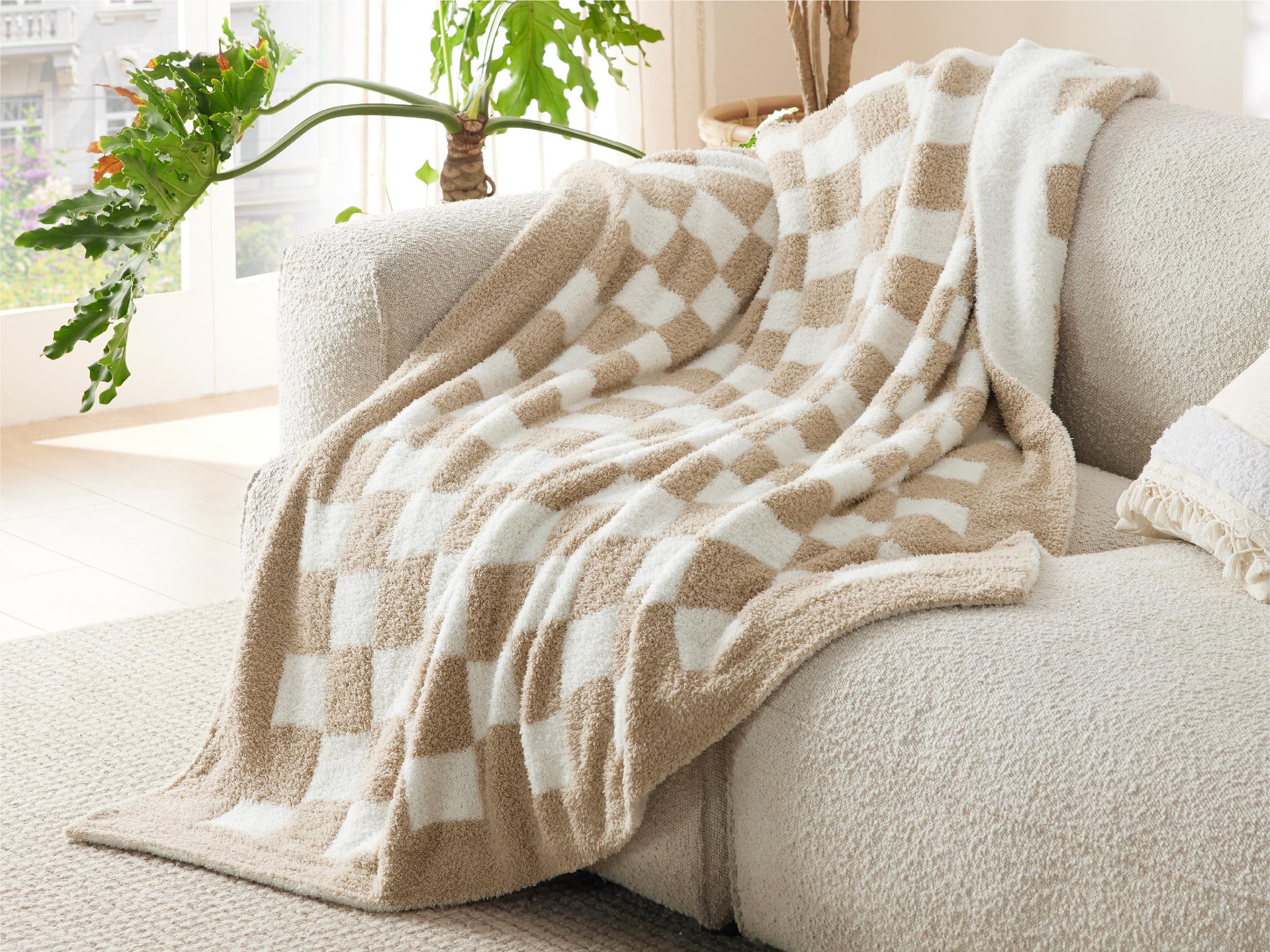Bedsure Checkered Blanket for Couch - Super Soft, Cozy & Warm Knit Blanket, Breathable, Lightweight & Fluffy for Bed & Sofa, Checkered Camel