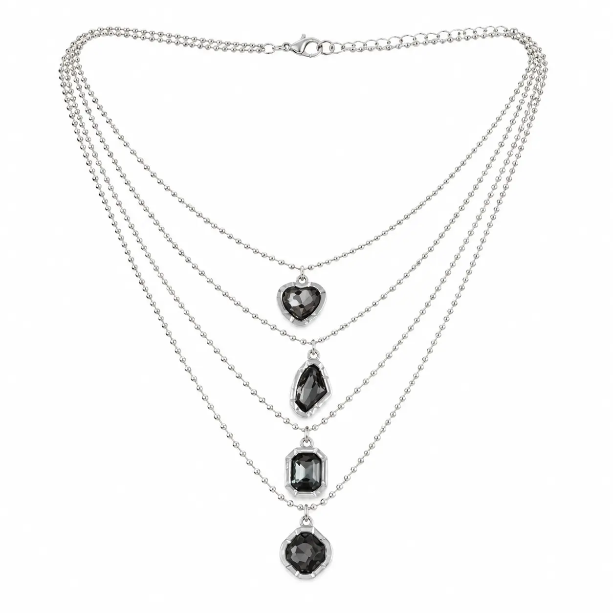 XL-A26-Vintage Layered Black Crystal Pendant Necklace 4PCS Geometric Heart Stone Ball Chain Y2K Grunge Gothic Statement Jewelry for Women
