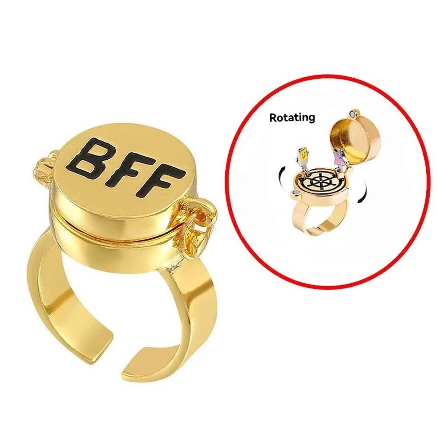 Rotating Open Artificial Gemstone Friendship Ring - Adjustable Size, Compact Look, Letter Engrave, Cute Magnetic Buckle Jewelry Gift for Girlfriends