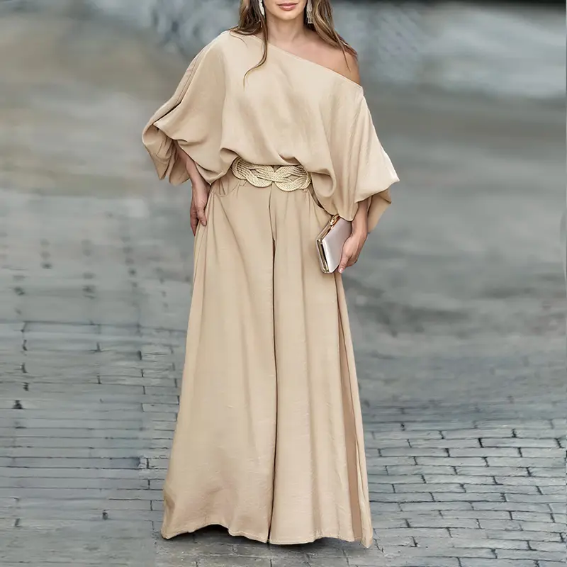 2026 CHICME Women's Skew Neck Lantern Sleeve Top & Wide Leg Pants Set & Wedding Gust