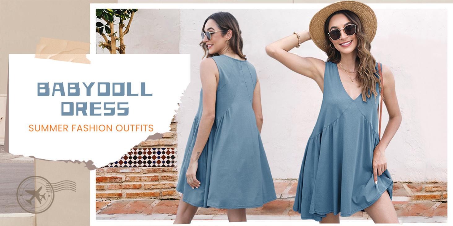 WoodBerry Women's V Neck Sleeveless Mini Dress Elegant Outfits Summer Casual Loose Pleated Swing Flowy Beach Sun Tank Dress with Pockets, Layer with Mesh Tops