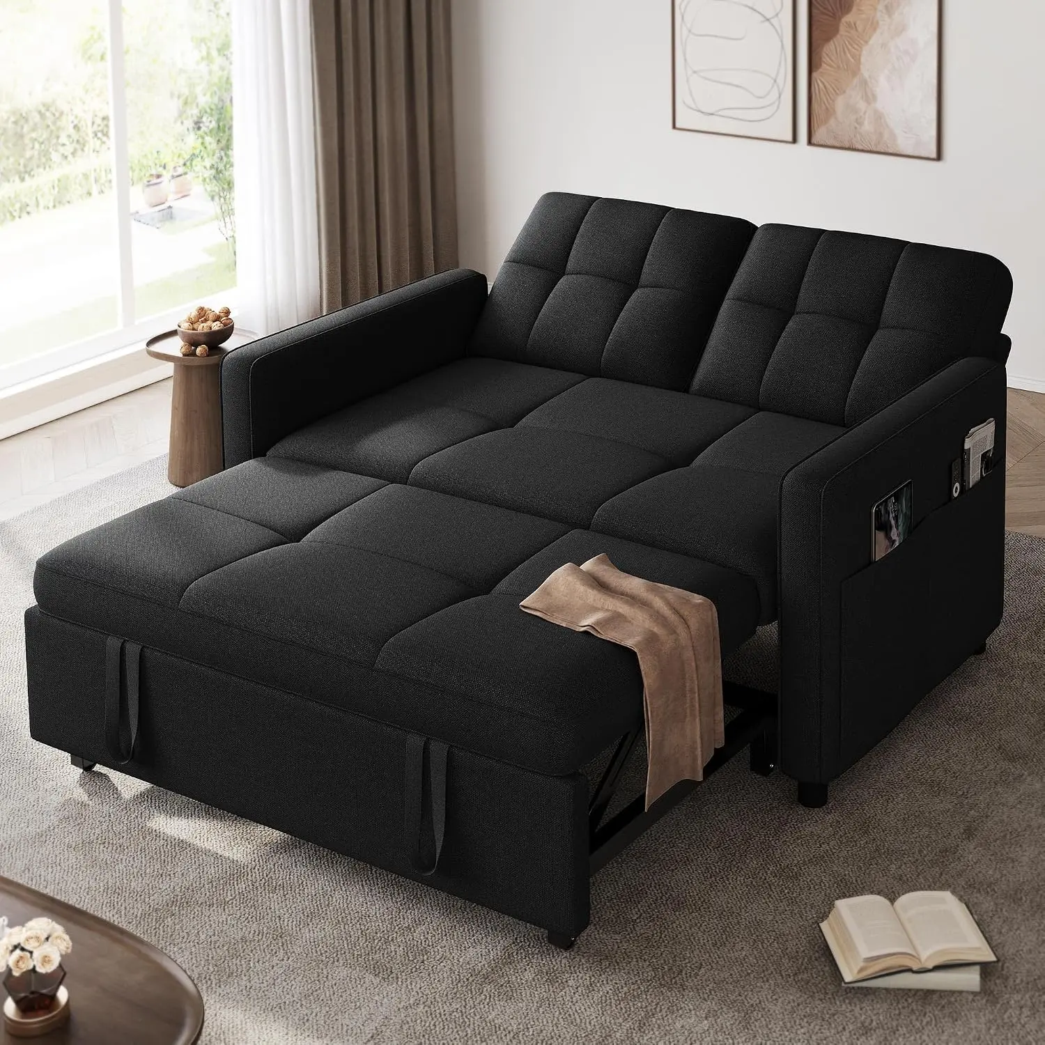 YITAHOME 55-in Rectangular 3-in-1 Convertible Sofa Bed, Modern Loveseat for Modern Home Decor, Iron Frame Pull-Out Sleeper Sofa with Reclining Backrest, Side Pocket & Simple Install Linen Futon Couch