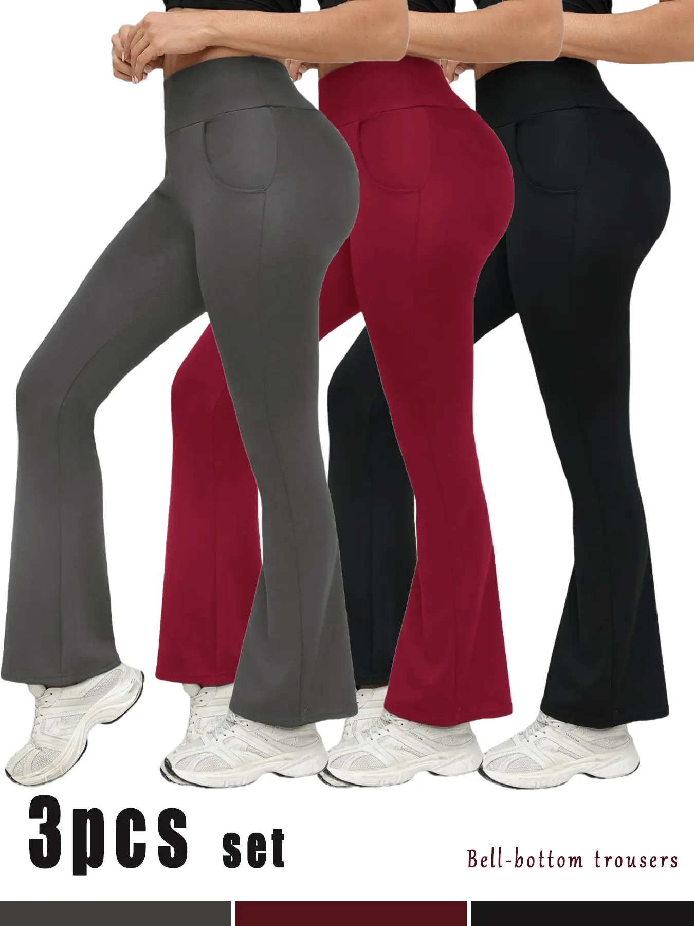 Women’s 3-pack high-waisted wide-leg flared pants, spring/summer comfortable flare pants, soft fabric, highly elastic, trendy styling, suitable for sports, fitness, and yoga