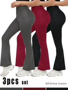 Women’s 3-pack high-waisted wide-leg flared pants, spring/summer comfortable flare pants, soft fabric, highly elastic, trendy styling, suitable for sports, fitness, and yoga summerwins