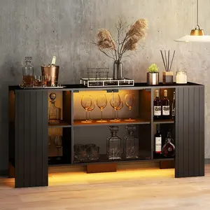 Sideboard Buffet Cabinet with Storage - 58" Buffet Cabinet with LED Lights, Fluted Kitchen Sideboard with Glass Doors for Dining Room, Living Room