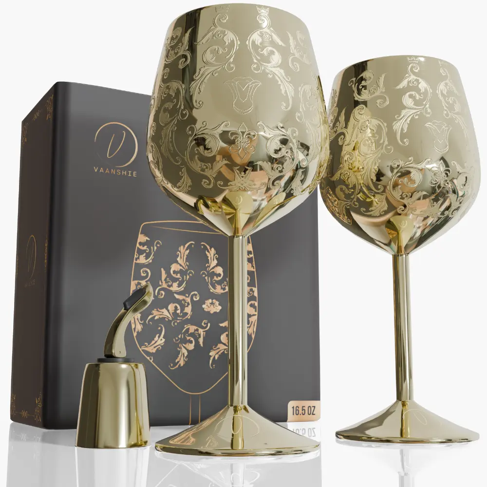 17oz Stainless Steel Wine Glasses [Set of 2] – Gold Royal Goblets with Baroque Engravings, Unbreakable Wine Cups with Bottle Stopper – Ideal for Mother's Day Gift Ancient Classic