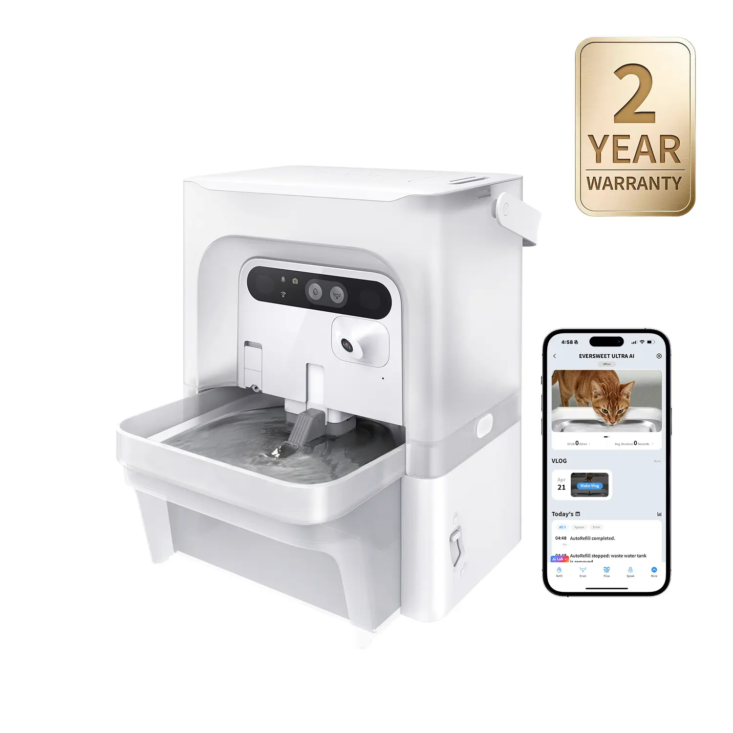 PETKIT EverSweet Ultra AI Camera Pet Water Fountain - 5L/169fl oz Filter-Free Automatic Fountain with 140° Wide-Angle Lens, 5G WiFi, App Control, Wastewater Separation, End-to-End Encrypted, Spring Flow, Cubes, ABS+Steel, Hydration Track for Small Dogs, F