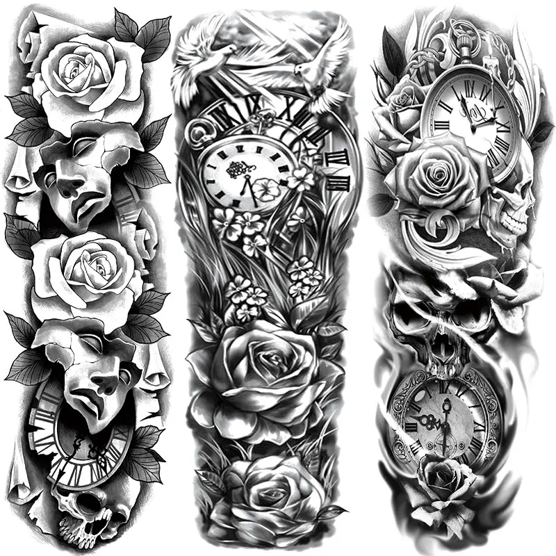 3-Piece Temporary Tattoo Stickers, Waterproof Realistic Tattoos Design with Rose Skull Pigeon Elements, Perfect for Halloween Party Body Fake Tattoos