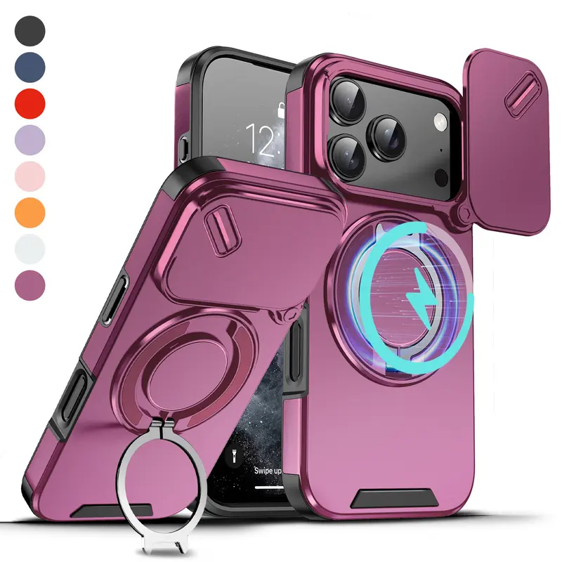 Shockproof Magnetic Case for iPhone 18 Pro Max 17 16 15 14 13 12 Case with Camera Lens Protector Case, 360° Rotatable Ring Kickstand Holder Military Grade Shockproof Protective Cover