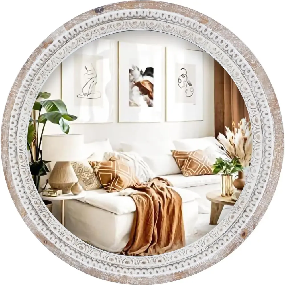 24-Inch Round Farmhouse Bathroom Mirror with White-Wash Beaded Wooden Frame, Rustic Distressed Design, Wall-Mount for Bathroom, Bedroom Room Decor, Farmhouse Look