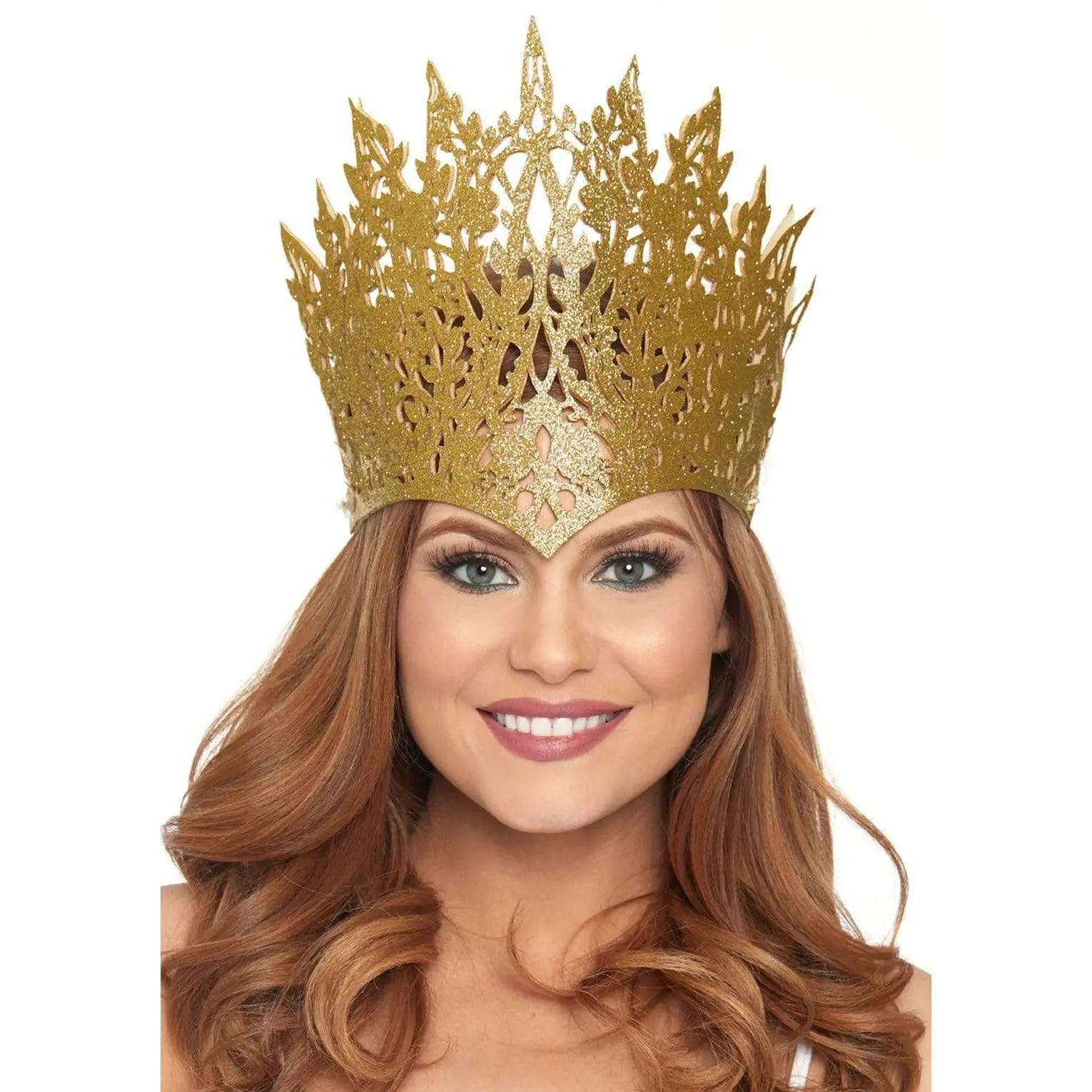 Women's Oversized Die-Cut Glittered Crown Tiara Hair Jewelry - Gothic Scroll Pattern, Organic Spikes, Reversible Jewel Accent, Pointed Brow Fit, Secure Fit Hold, One Size Glamorous Headpieces & Crowns for Halloween Cosplay