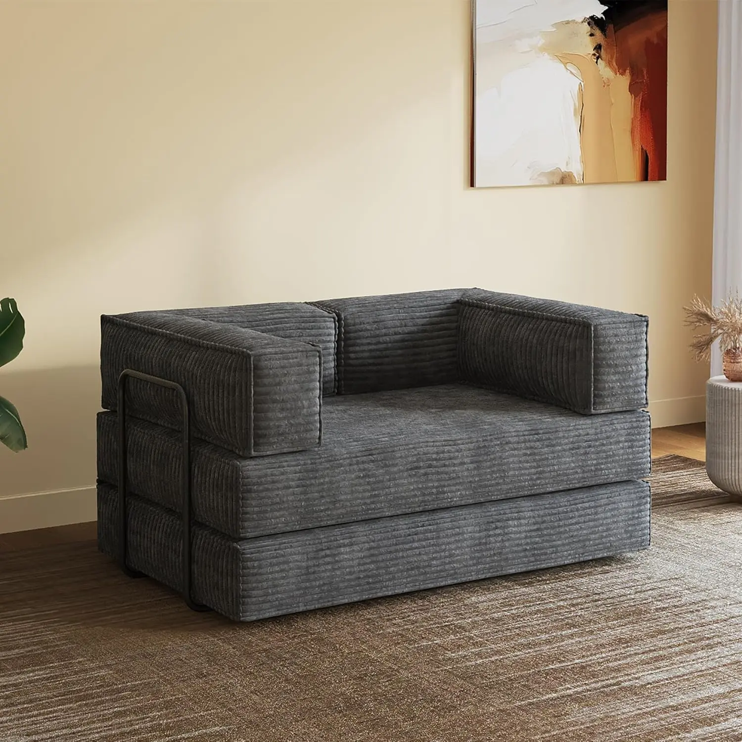 WLIVE Futon Sofa Bed, Convertible Sleeper Sofa, Folding Pull Out Couch Boneless Mattress with Fixed Frame, Corduroy, with Storage Pocket