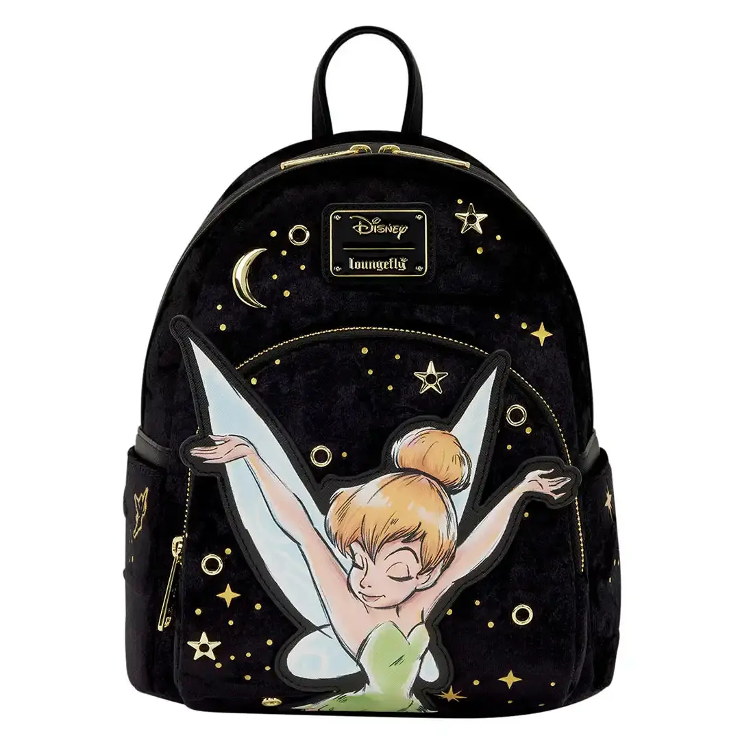 Women's Fairy Character Mini Backpack - Black Crushed Velvet, Debossed Print, Gold Foil, Rivets, Eyelets, Unique Decorative Accents, Backpacks Women