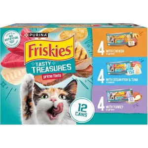 Purina Friskies Wet Cat Food Variety Pack, Tasty Treasures Prime Filets (With Ocean Fish and Tuna, With Chicken and With Turkey) - 5.5 Ounce (Pack of 12)