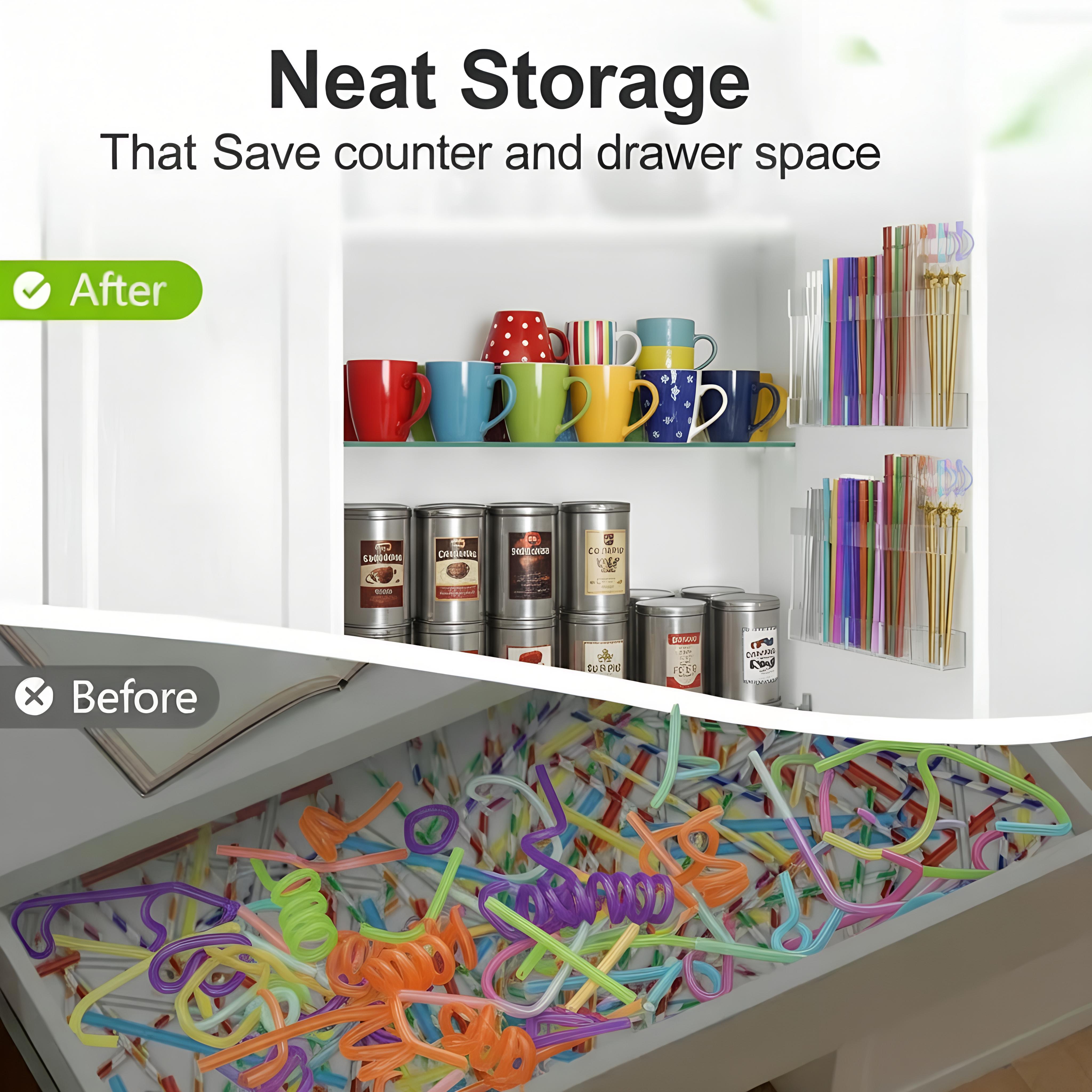 9.5-inch Large Acrylic Straw Holder for Cabinet Doors Reusable Adhesive Storage Rack for Countertops and Cupboards, Clear and Space-Saving
