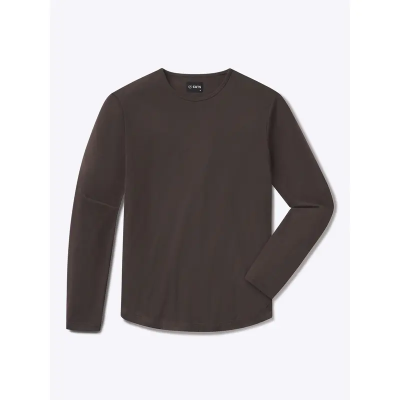 Cuts Men's AO Tapered Fitted Long Sleeve Crew Neck Tshirt Top, Menswear Polyester-Cotton-Spandex Fleece Blend, Curve Hem, Pill-Resist Fabric, 4-Way Stretch, Wrinkle-Resistant, Excellent Drape, Casual for Jeans, Do Not Iron