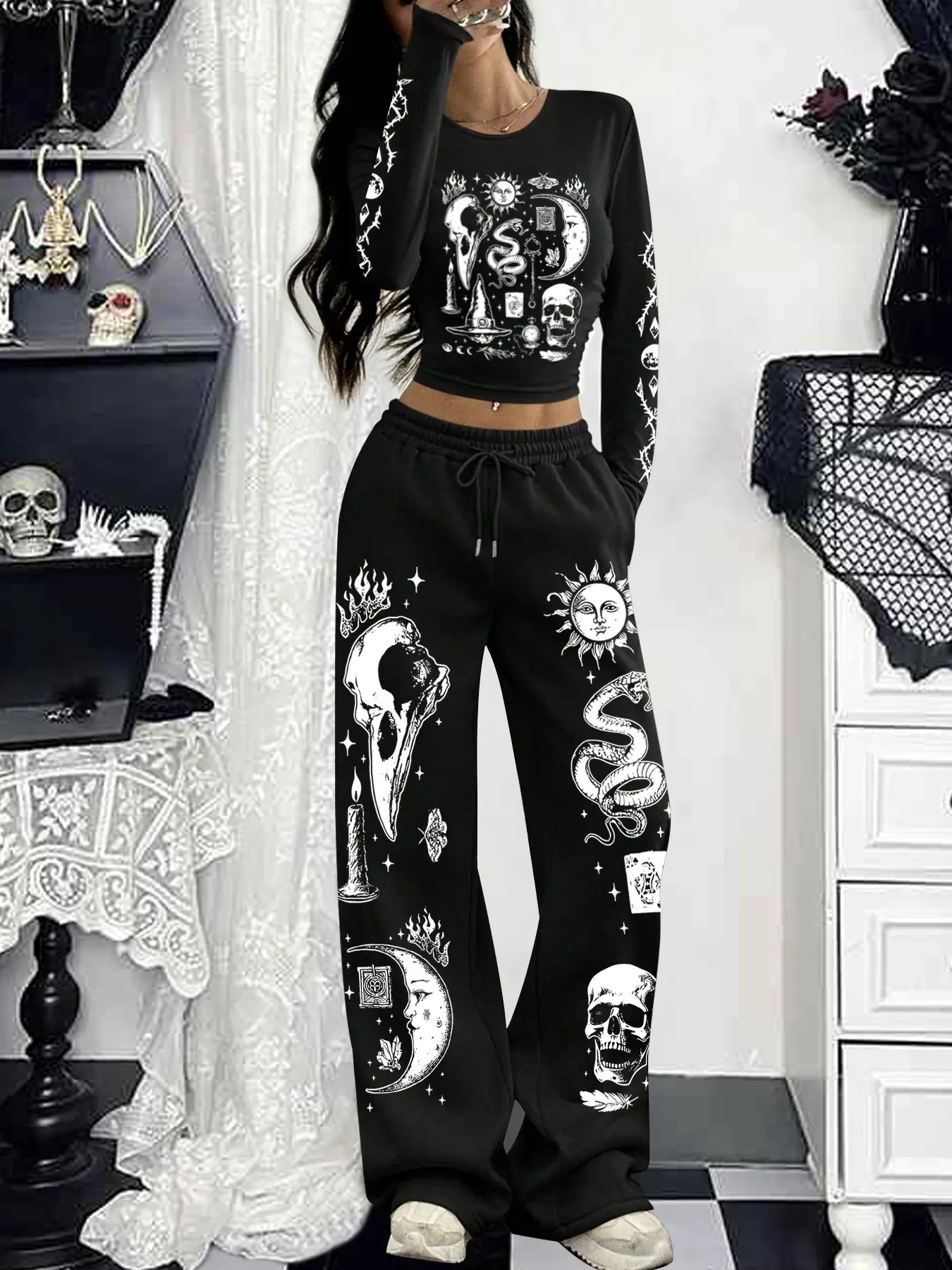 Women's Halloween Gothic Style Snakeskin Print High Waist Pants Set, Graphic Print Set, Outfit, Fitted Clothing Set, Fashion Clothes Set, Womenswear Casual Fitted Long Sleeve Top & Wide Leg Pants, Comfortable Spring & Fall