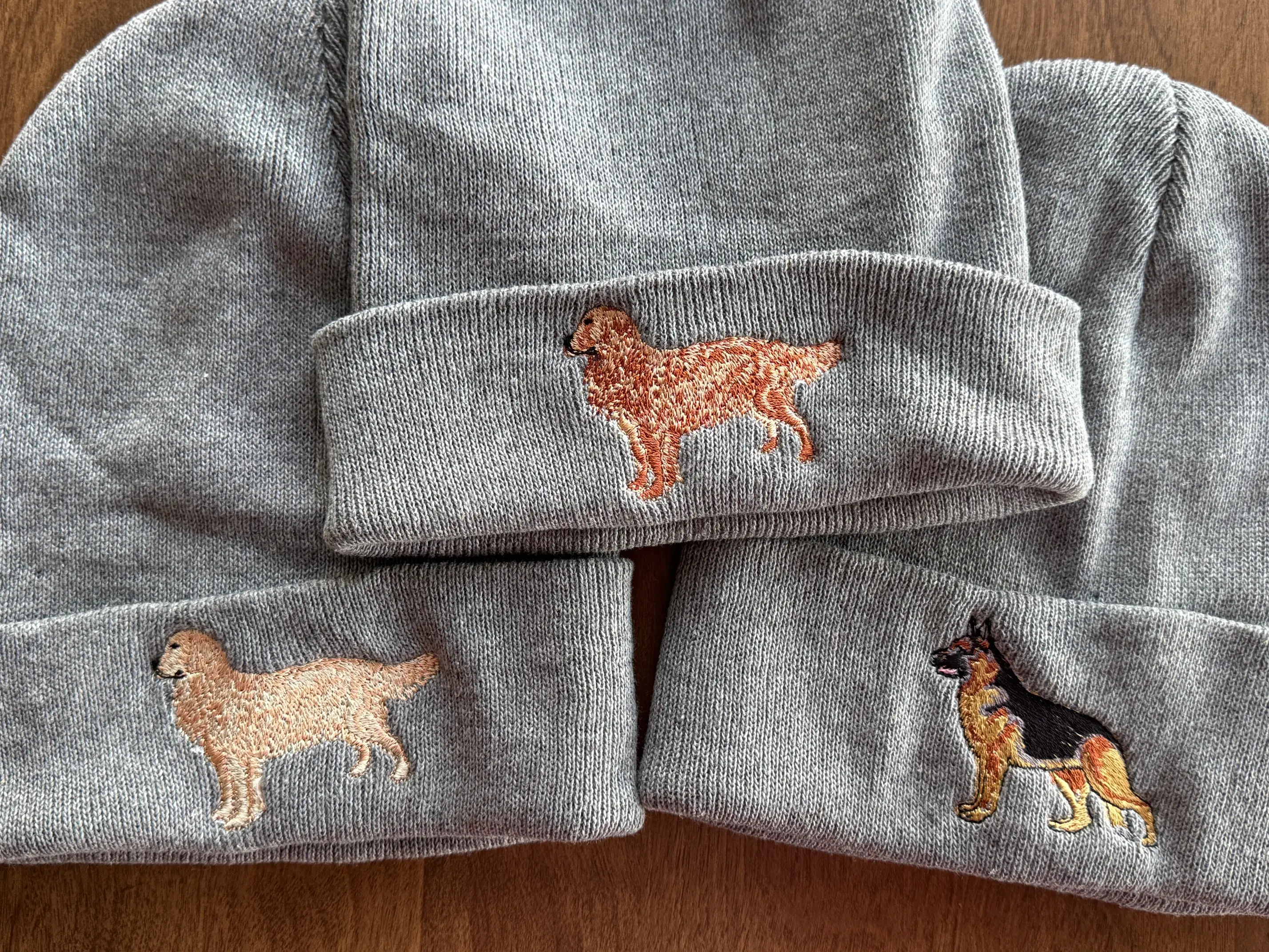 Machine Embroidered Beanie Hat for Dog Lovers, Featuring German Shepherd and Golden Retriever Designs
