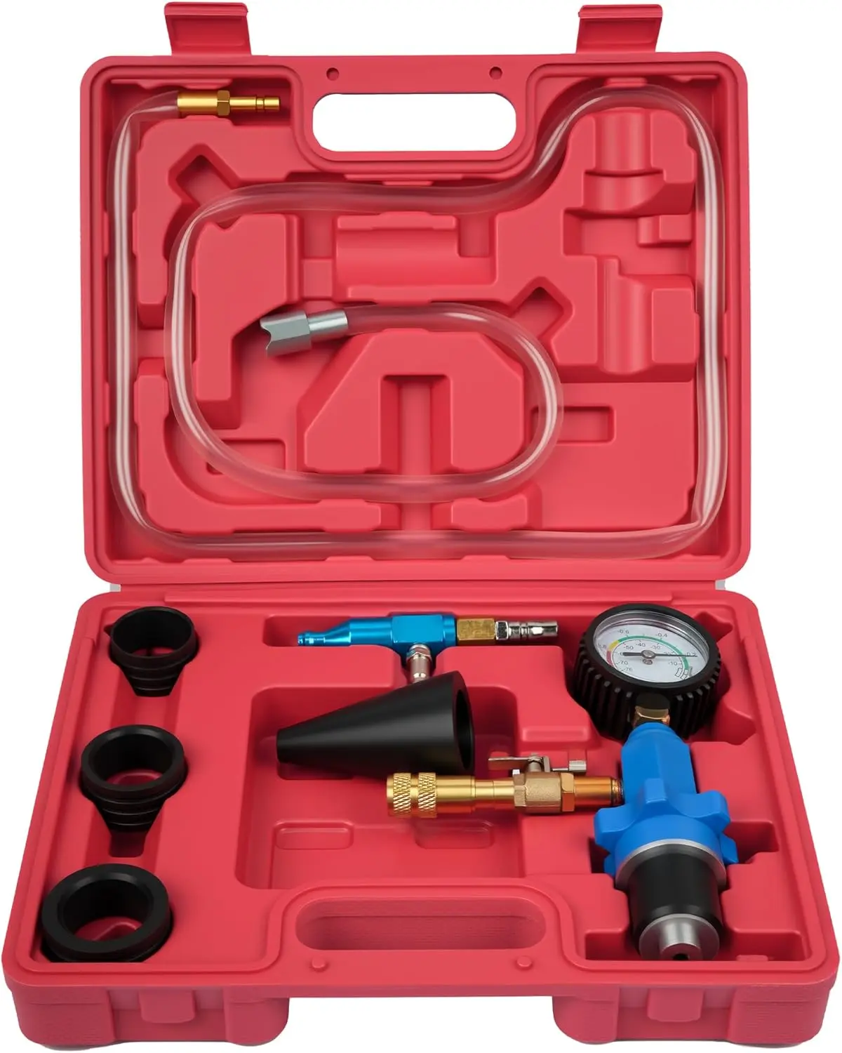 Automotive Cooling System Vacuum Purge Coolant Refill Tool Kit - Pneumatic Car Repair Tool with 4-Size Adapter Hoses, Quick Coupler Attachments, 0-76cmHg Gauge, Easy to Connect, Reduces Refill Time for Car, SUV (1 Set), Pneumatic Tool, Includes Hoses
