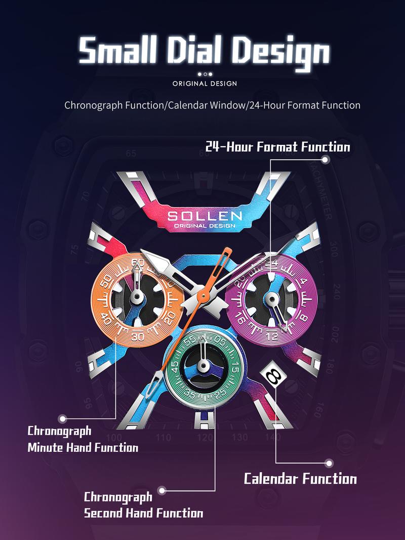 SOLLEN 728 Men's Rainbow Luxury Cool Watch Multi-functional Chronograph Waterproof Night Light Function Valentine's Day Gift SOLLEN 728 Men's Rainbow Luxury Cool Watch Multi-functional Chronograph Waterproof Night Light Function Valentine's Day Gift