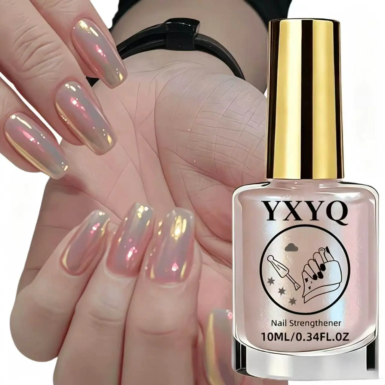 YXYQ Iridescent Pearl Nail Strengthener, Keratin Infused Shimmer Nail Hardener, Glossy Nail Care Serum for Weak Nails, Beautiful Aurora Finish, Home DIY Manicure Essential 10ML
