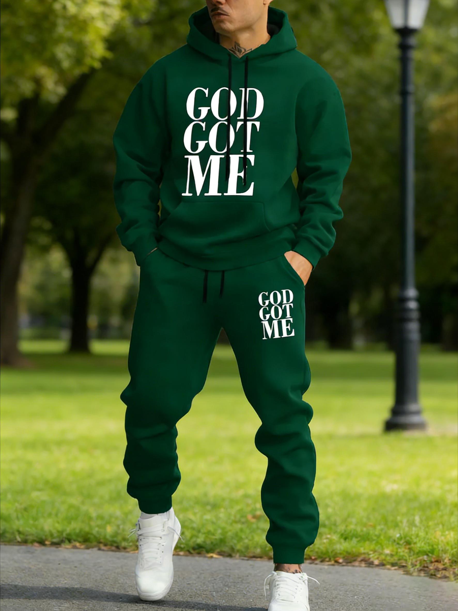 Men's Fashion Casual Two-Piece Set 'GOD GOT ME' Graphic Print Tracksuit - Pullover Hoodie & Sweatpants, Regular Fit, Suitable for Casual Daily Streetwear and Stylish Leisurewear