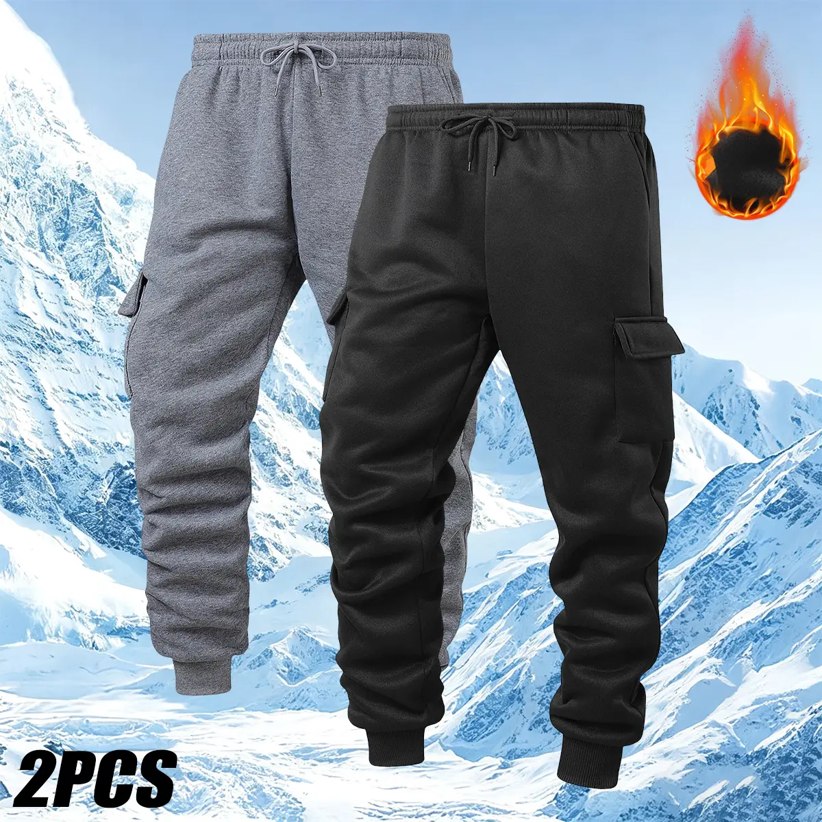 2Pcs Men's Winter -Lined Cargo Pants, Multi-Pocket Casual Joggers, Windproof Cold-Resistant Slim Fit, Classic Solid Colors - Mix & Match Your 2 Pairs (Black/Grey/Army Green/Khaki/Red)