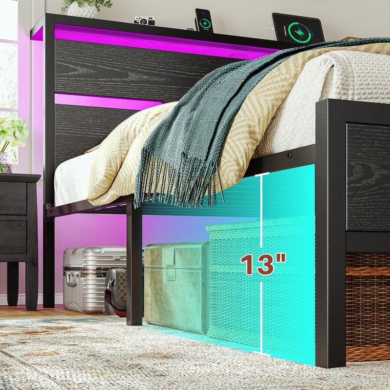 Wood Bed Frame for Queen King Full with Headboard & Storage Shelf, Queen Size Bed Frame with LED Lights & Charging Station,  No Mattress, Holds up to 900LBS with Metal Slats & Frame, No Noise