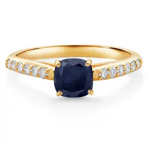 Gem Stone King 0.88 Cttw 5MM Cushion Blue Sapphire and White Lab Grown Diamond 10K Yellow Gold Engagement Ring | Wedding Anniversary Promise Gold Ring For Women | Size 5,6,7,8,9