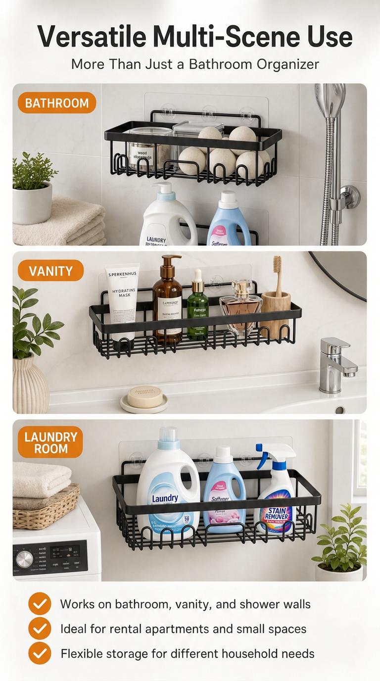 Modern 6-Piece Compact Steel Shower Caddy Rack Set, Stick-On No-Drilling Bathroom Shelves with Soap Holder, Home Bathroom Storage Organizer Essentials Gadgets