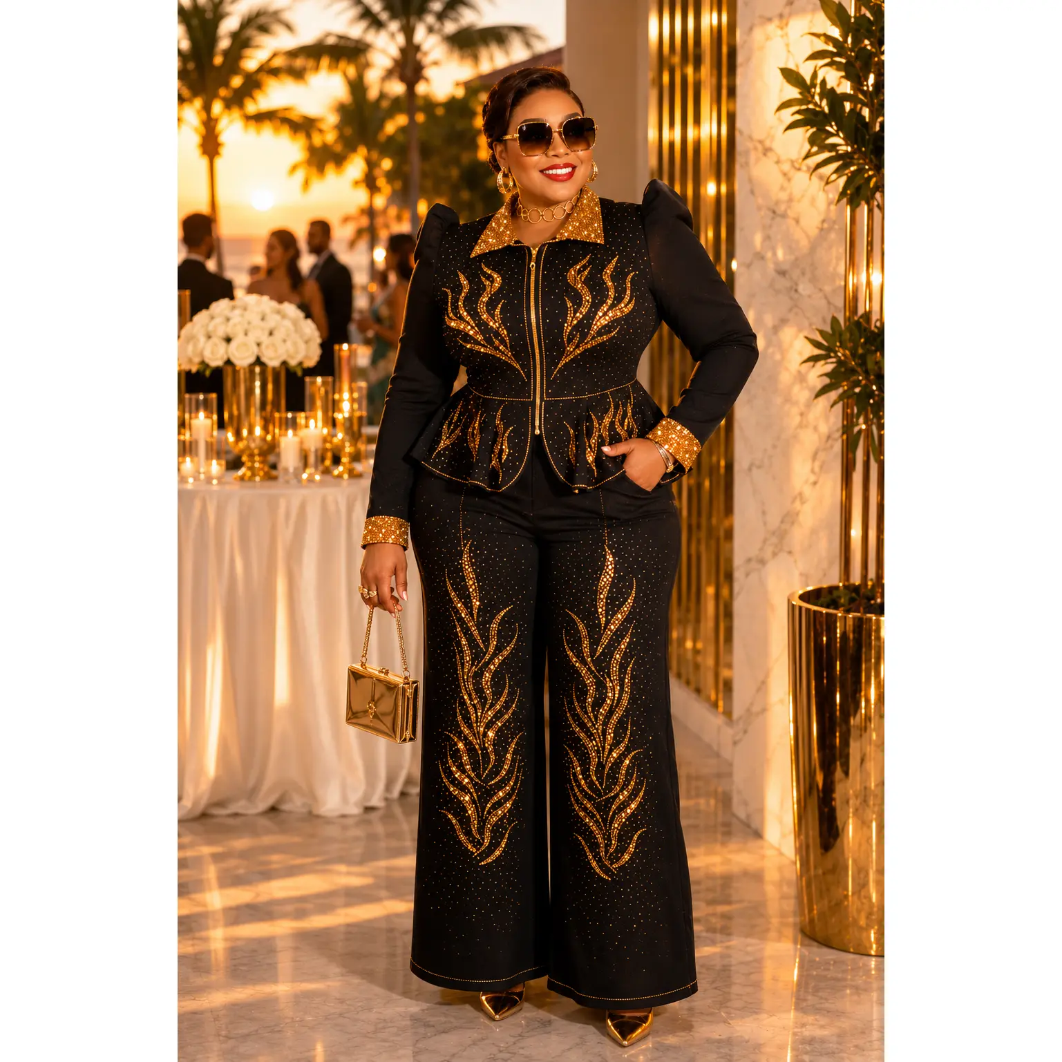 Black Denim & Diamonds 2-Piece Party Outfit, Cotton Rhinestone Bling Curvy Plus Size Peplum Stretch Jeans Peplum Top & Wide-Leg Pants Set, Birthday Photoshoot Weekend Get-Together Cocktail Dinner