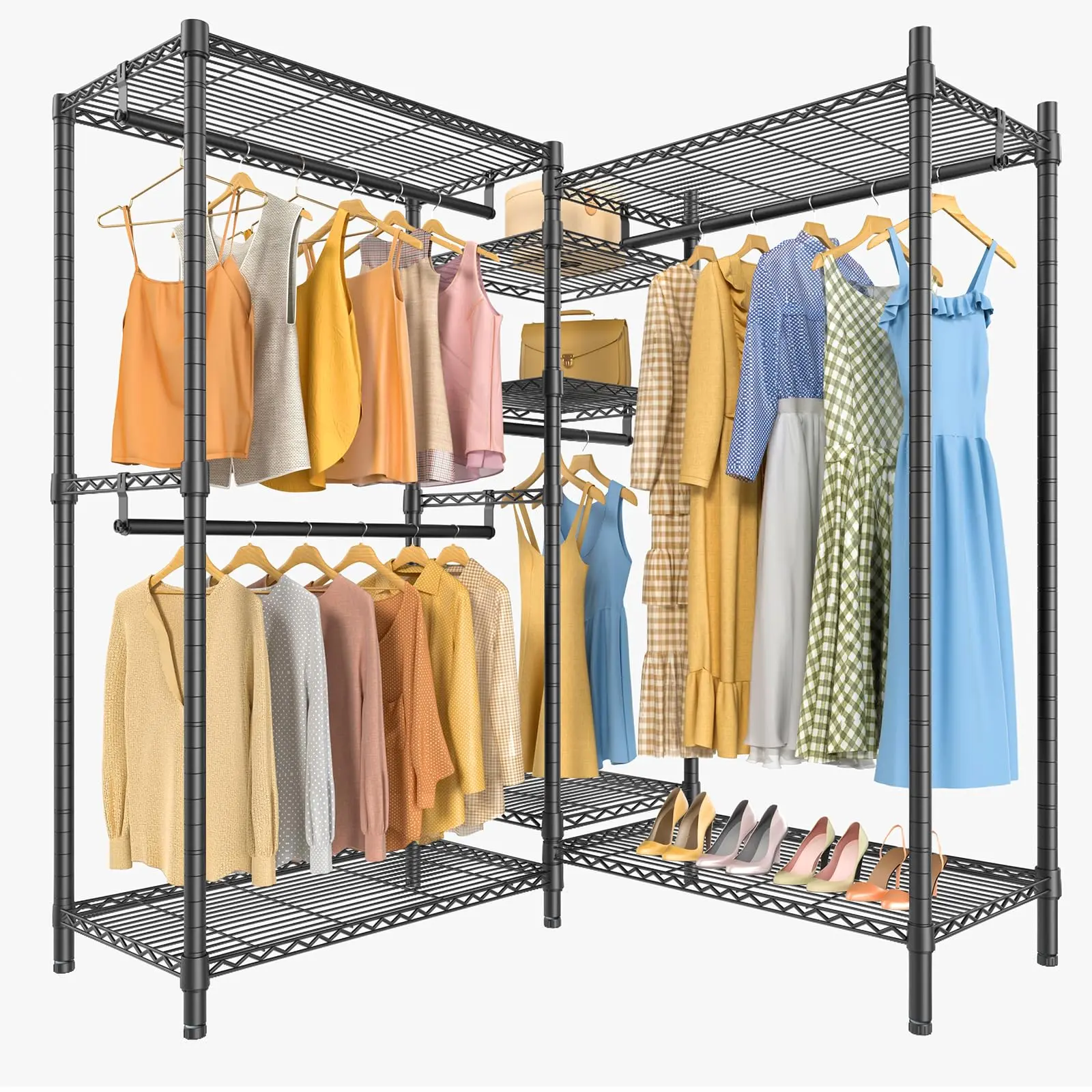 VIPEK L6 Carbon Steel Adjustable Garment Rack - Heavy-Duty Multifunctional L-Shaped Freestanding Wardrobe Closet Organizer with Sturdy Base, Shelves, Rods for Sorted Coats, Pants, Linens, 1130lbs Load Capacity, Easy Assembly