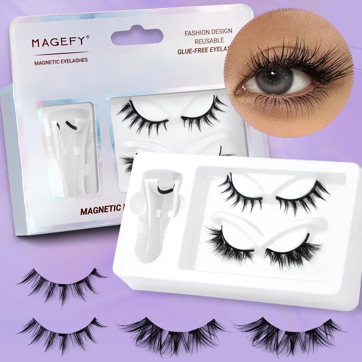 Magnetic Eyelash Kit, 2 Pairs Reusable Magnetic Eyelash with Applicator, False Eyelashes, Natural Look Glueless Lashes, Lightweight Fluffy Eyelash, Soft Magnetic Eyelashes, Diy Dramatic Lashes for Women Eyelash Set