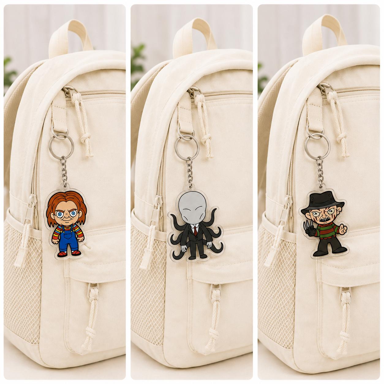 Creepy horror character acrylic keychain set with 3 spooky chibi designs for bags, keys and Halloween gifts