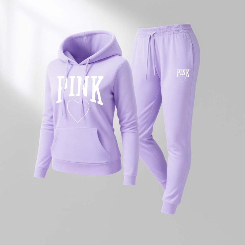 Women's Pink Heart Print  Hoodie And Drawstring Track Pants Set, Casual Sportswear, Long-Sleeved Hooded Jacket And Pants, Suitable For Autumn And Winter, Everyday Wear, Indoor And Outdoor Sportswear, Casual Sportswear.