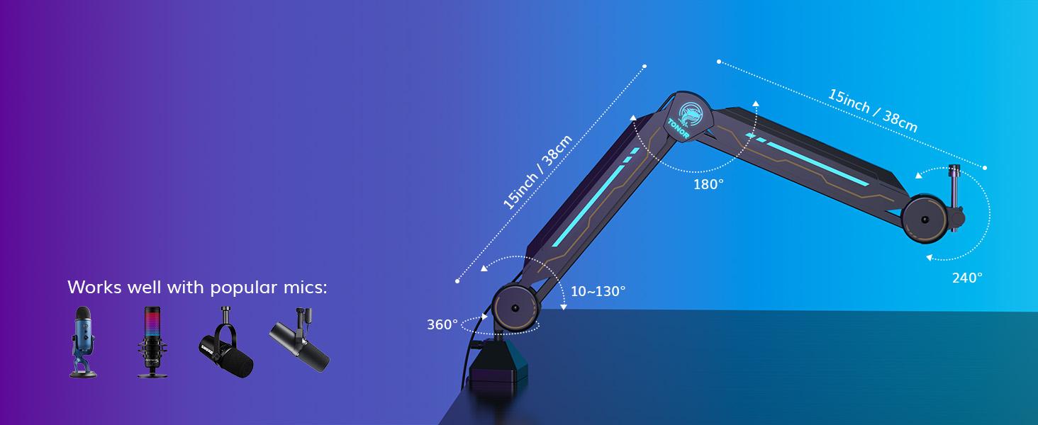 TONOR T90/T20S RGB Boom Arm, Adjustable Mic Stand with 11 Light Modes for Gaming, Streaming, Podcasting, and Recording, Durable Steel Usb Cable