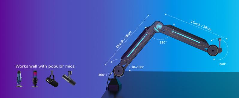 TONOR T90/T20S RGB Boom Arm, Adjustable Mic Stand with 11 Light Modes for Gaming, Streaming, Podcasting, and Recording, Durable Steel Usb Cable