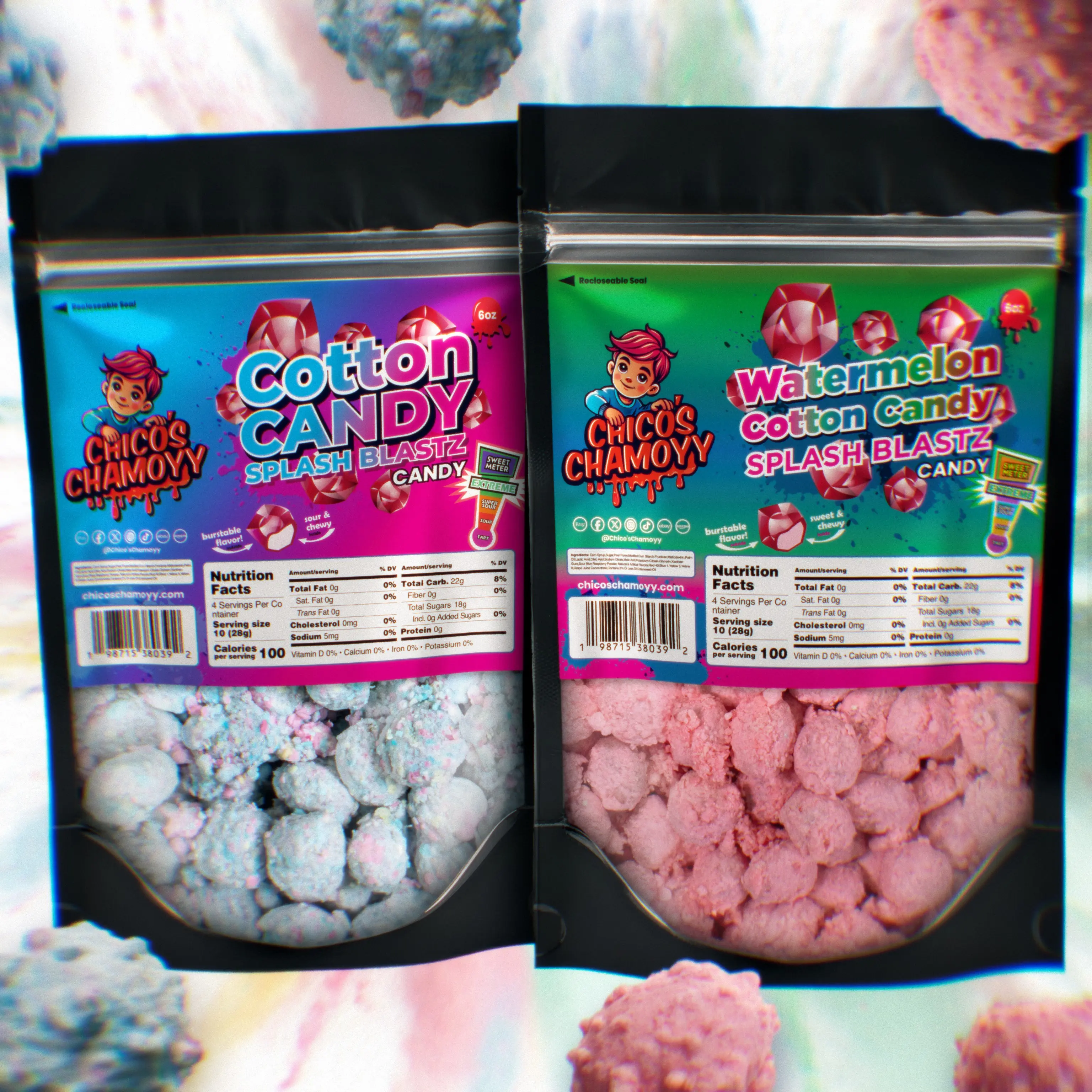 Cotton Candy Viral Gushers 6oz Splash Blastz + Watermelon Cotton Candy Viral Gushers 6oz Splash Blastz (No Chamoy)  | 12oz Bundle Chicos Chamoyy - Fruity Snack Sweet