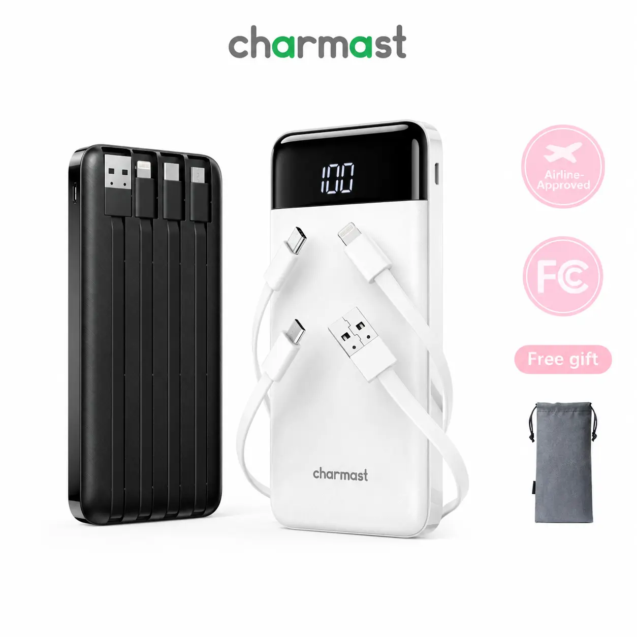 charmast 2 Pack 10000mAh Portable Charger, Power Bank with Built-in 4 Cables, 6 Outputs & 3 Inputs, Battery Pack with Digital Display, Travel Essential for iPhone All Series & Android, Family Sharing , Chargeable