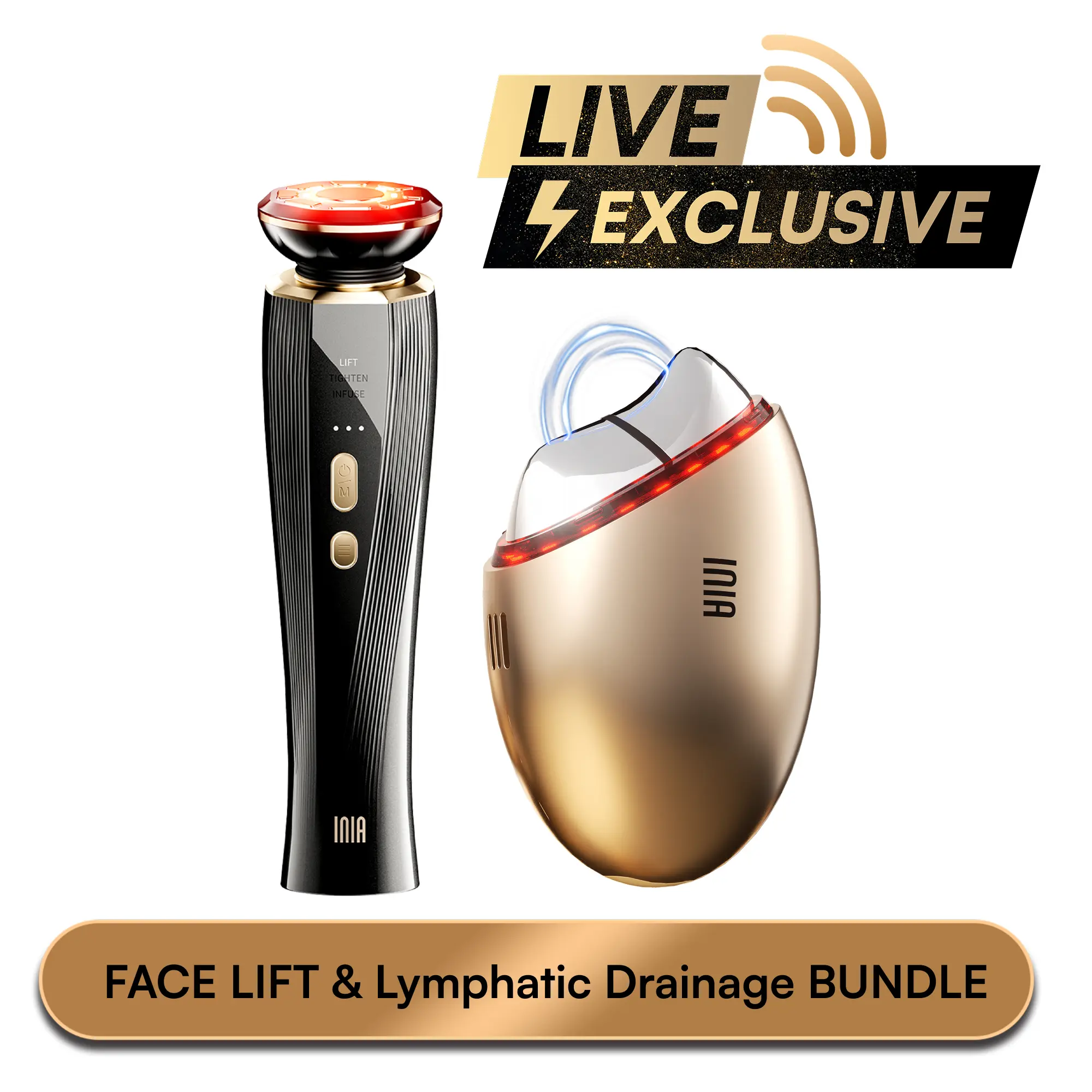 【LIVE EXCLUSIVE】INIA GLACE & FLARE Bundle – All-in-1 Face & Neck Sculpting Beauty Device for Lymphatic Drainage with Microcurrent Lifting, Lift, Tighten, De-Puff, Serum Infusion, Red & Blue Light, Thermal & Cryo Therapy, Buy 1 Get 4, Ideal Gift Set, Cordl