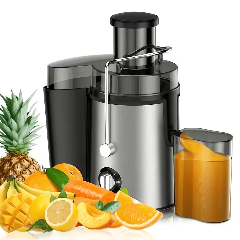 Three-Speed centrifugal juicer with a large 3-inch feed opening, Suitable for whole fruits and vegetables. Includes a cleaning brush, Easy to clean, Centrifugal extractor, 400W motor, Suitable for home use.