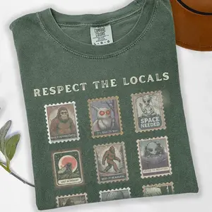 Comfort Colors Respect the Locals Cryptid Tee, Vintage Stamp Mothman Shirt, Sasquatch Bigfoot Gift Alien Tee, Folk Horror Shirt Mothman Gift