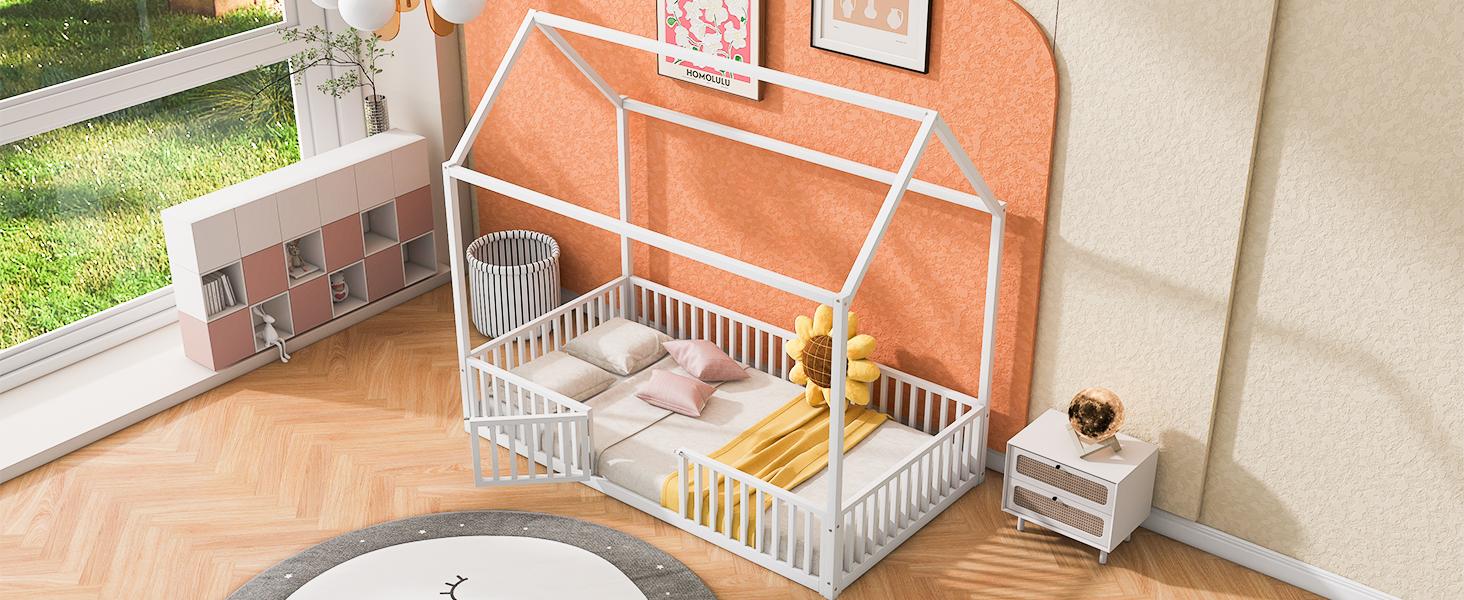 Bellemave Unique House Shape Bed - Twin/Full Size, 77x41x71in Black Distressed Washed Metal Frame, Modern Kids Furniture Bedroom, Safety Fence & Door, Portable Infant Bed, Unique Bed